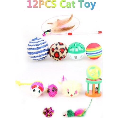 12PCS/set Cat Toy Interactive Pets Toys Include Feather Teaser Fluffy Mouse Crinkle Balls Drum Having Fun Exerciser Playing Toys
