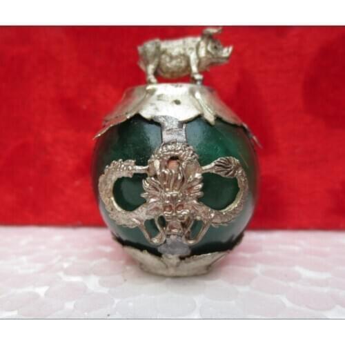 Metal Crafts Collectible Decorated Old Green Jade & Tibet Silver 12 Zodiac Pigs Statue fast Shipping 002