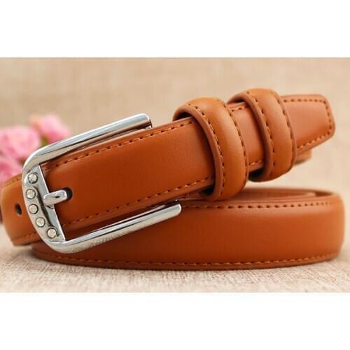 Fashionable diamond inlaid silver button leather thin belt for women