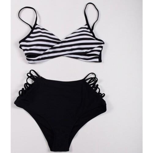 2021 New Fashion Ladies Black and White Strip Sling High Waist Bikini Swimsuit Bikini XL