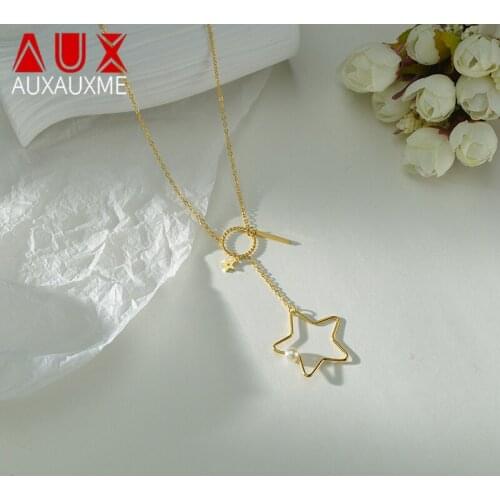 Auxauxme New Simple Two Star Pearl Necklace OT Button Stainless Steel Golde for Women Jewelry Party Birthdaty Gifts Dropshipping