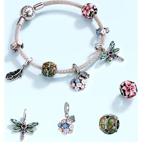 Original 925 sterling silver shiny dragonfly butterfly charm plant flower beads fit DIY bracelet or necklace pendant jewelry