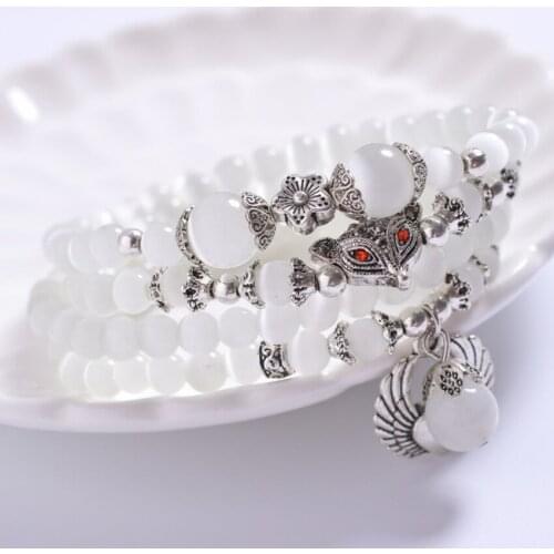 Silver Plated Fox Angel Wing Connect White Cat Eye Stone Stretchy Bracelet Rose Pink Quartz Charm Jewelry