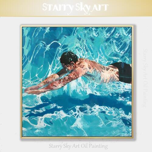 Professional Painter Hand-painted High Quality Impressionist Portrait Man Swimming Oil Painting Wall Art Man Swim Oil Painting