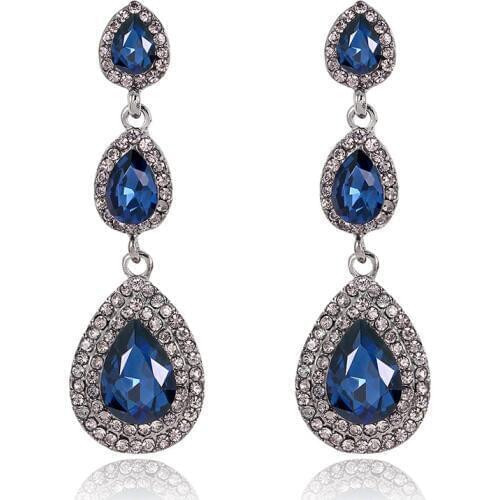 QCOOLJLY Luxury Champagne Blue Crystal Earrings Gold Color Jewelry Fashion Female Bricons Wedding Long Big Drop Earrings