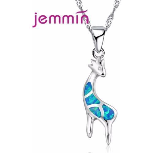 Luxury Deer Jewelry for Women Girls Birthday Gift 925 Sterling Silver Fire Opal Necklace Pendant Blue Color