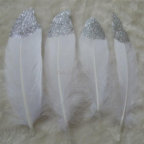 Перья!Silver Dipped Natural White Goose Satinettes Feathers -Silver Painted with Glitter,50pcs/lot,13-20cm long