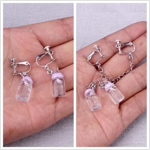 2021 New Brincos Cool Chic Baby Nursing Bottle Clip On Earrings For Women Resin Mini Bottle Earings Jewelry Without Piercing