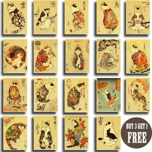 Japanese samurai cat tattoo cat retro poster vintage wall art printed painting living room bedroom decor wall stickers