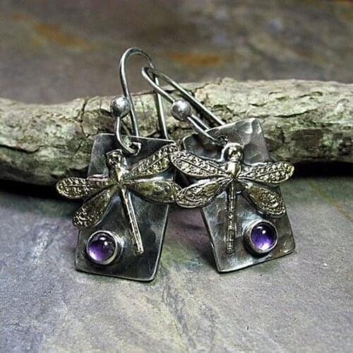 Vintage Small Dragonfly Drop Earrings Tribal Square Antique Metal Purple Beads Resin Stone Female Earrings Jewelry