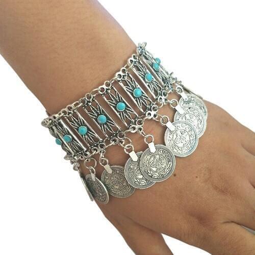 Vintage Charms Boho Silver Color Turkish Coins Tassel Bangles & Bracelets For Tribal Women Girls Beach Party Jewelry pulseira