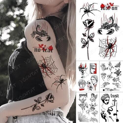 Waterproof Temporary Tattoo Sticker Scorpion Spider Rose Fire Old School Flash Tattoos Red Body Art Arm Fake Tatoo Women Men