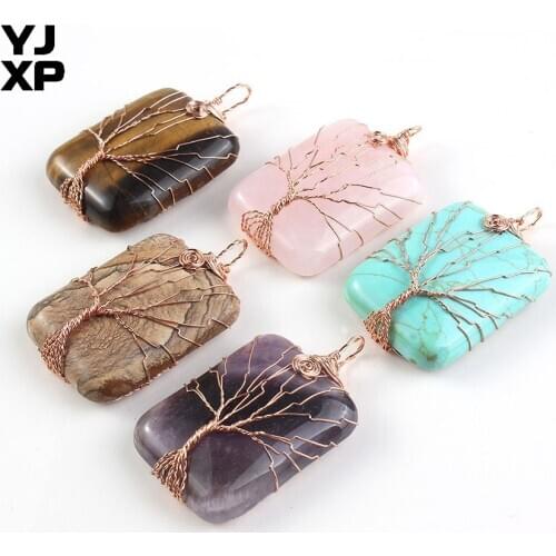 YJXP Handmade Rose Gold Color Wire Wrapped Tree of Life Natural Rose Pink Quartzs Purple Amethysts Opal Rectangle Stone Pendant