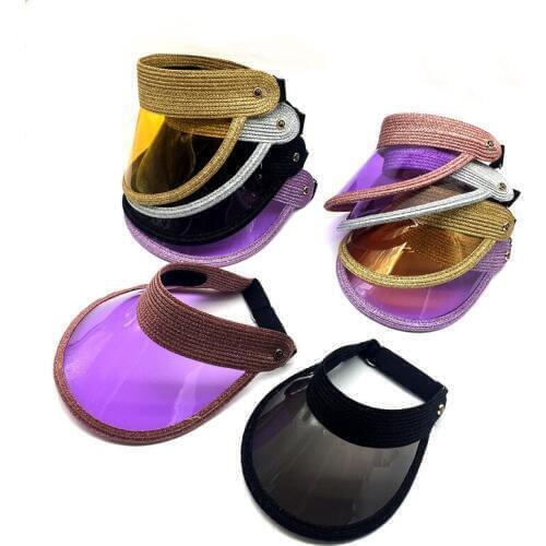 Women Lurex Metallic Straw Hat Sun Visor Hat Transparent Brim Girls Sun Protective Beach Hat Summer Glitter Straw Hat Visor Cap