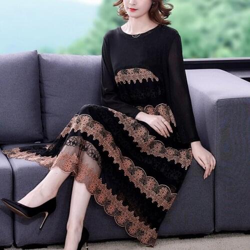 Korean Vintage Floral Mesh Embroidery Midi Dress Women 5XL Plus Size Casual Dresses Autumn Winter Elegant Bodycon Party Vestidos