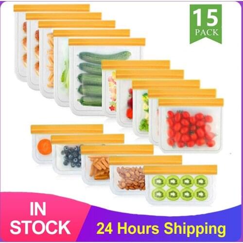 15 Pcs/Set Of Silicone Bag PEVA Silicone Food Storage Bag Container Reusable Leak-Proof Top Zipper Lock Bag Kitchen Storage Bag