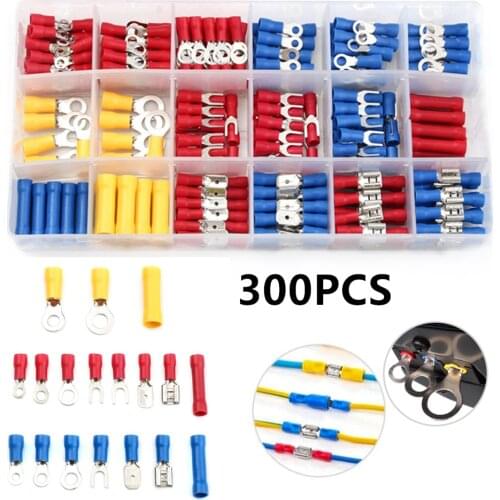 300PCS Insulated Electrical Wire Cable Connectors Assorted Crimp Spade Butt Ring Fork Set Ring Lugs Crimping Terminals Kit