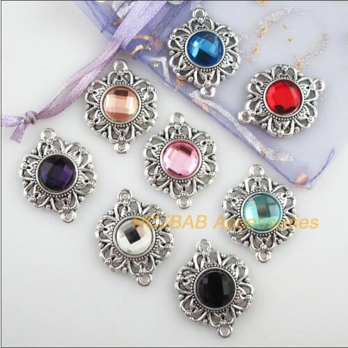 8 New Flower Charms Tibetan Silver Tone Retro Round Mixed Crystal Connectors 21.5x28mm