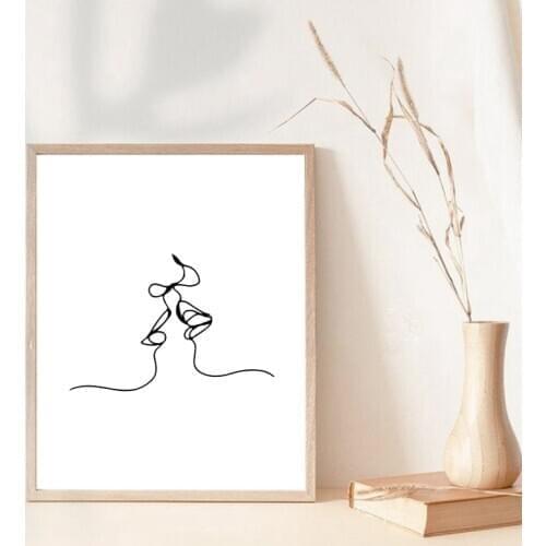 Abstract Double Face Kiss One Line Print Couple Love Poster Modern Minimal Wall Art Canvas Painting Scandinavian Art Wall Decor