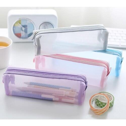 Solid Color Zipper Transparent Mesh Pencil Case Pen Storage Bag Student Gift
