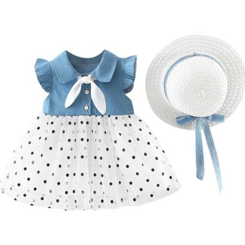 Kids Girls Clothes Summer Dress Girls Dress Sleeveless Denim Mesh Patchwork Buttons Ruffle Kids Dress with Sun Hat Summer