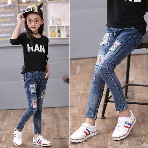 Kids Jeans for Girls 4 8 10 12Year Elastic Waist Long Pants Girls Fashion personality patch Jeans Children spring Trousers