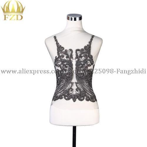 FZD 1 PC Handmade Rhinestones Beaded Patches Black Stone beads for Women Halloween Wedding Dresses DIY Fabric Decoration