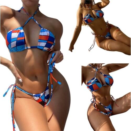 Hirigin Women’s Sexy Two Piece Bikini Suits Irregular Plaid Cross Halter Tie-up Tops With Tie-up Mid-waist Thong