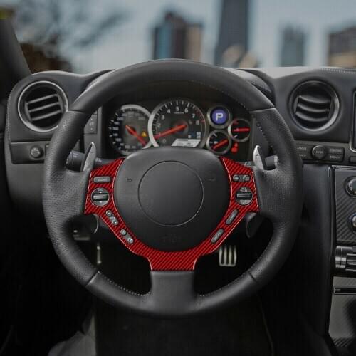 Real Carbon Fiber Red Steering Wheel Button Cover For Nissan GTR R35 2009-2015