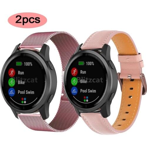 2pcs Metal watch band+Genuine Leather watch strap For Garmin Vivoactive 3 4 4s /Forerunner 645/245/158 Venu 2s Sq Smartwatchband