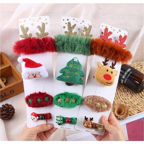 Cute 4 Piece Set Baby Girl Christmas Hairpin Cartoon Clasp Decorative Elegant Elk Santa Tree Plush Kids Gift Hair Accessory