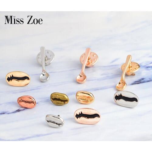 Miss Zoe Afternoon tea time Coffee beans Spoon Lapel Pin Brooch Denim jacket Shirt Badge Fashion Gift For coffee aficionados