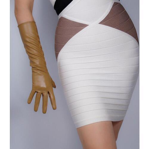 Womens fashion sexy slim faux pu leather glove ladys club performance formal party leather long brown glove 40cm R1950