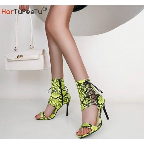 Sandals Women 2021 Summer High Heels Ladies Retro PU Leather Snakeskin Print Lace-Up Sexy Open Toe Ankle Length Outdoor Shoes