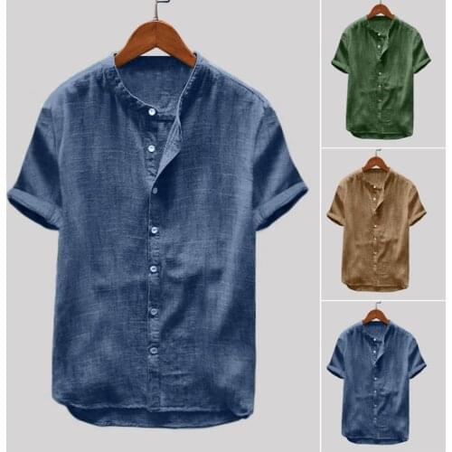Round neck Mens shirt Short sleeve solid color cotton and linens clothing Casual shirts