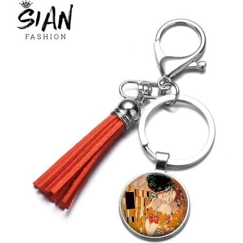 SIAN Gustav Klimt The Kiss Tassel Keychain Glass Famous Art Painting Round Pendant Key Chain Silver Plated Key Ring Handicrafts