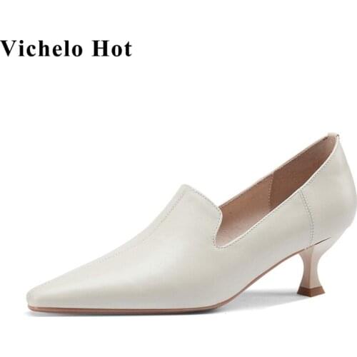 Vichelo Hot new genuine leather pointed toe strange style office lady gentlewomen dress cozy Korean girl slip on women pumps L40