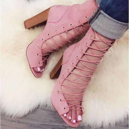 Peep Toe High Heel Women Pumps Gladiator Cover Heel Lace Up Shoes Kid Suede European Stylish Runway Star Shoes Femme Sandals