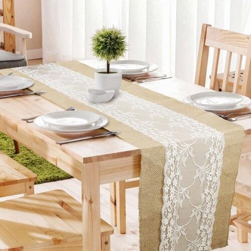 Vintage White Christmas Lace Jute Linen Hessian Burlap Country Wedding Party Decor Christmas Dining Room Resturant Table Runners