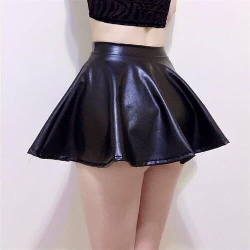 A-Line Circle Elastic lared Pleated High Waist Latex Short Skirt Sexy Streetwear Rave Dance Bottom Women PU Leather Mini Skirts