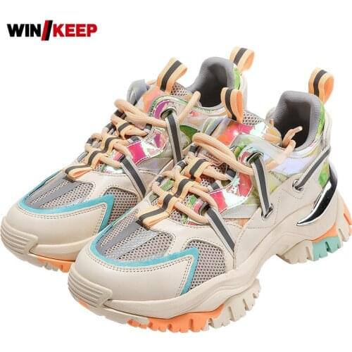 Women Genuine Leather Jogging Sneakers Shoes Cowhide Spliced Mesh Female Breathable Platform Spring Color Sports Casual Shoes