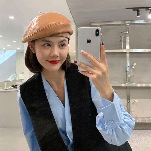 Wholesale Fashion 2021 Hat Genuine Leather Beret Hat Women 4 Panels Cap Female French Berets Ladies Solid Sheepskin Hat