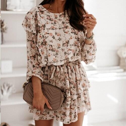 Gentlewomen Office Lady Long Sleeve Ruffled Women Short Dress Elegant O-neck Floral Printed Autumn 2021 Bandage Ladies Dresses