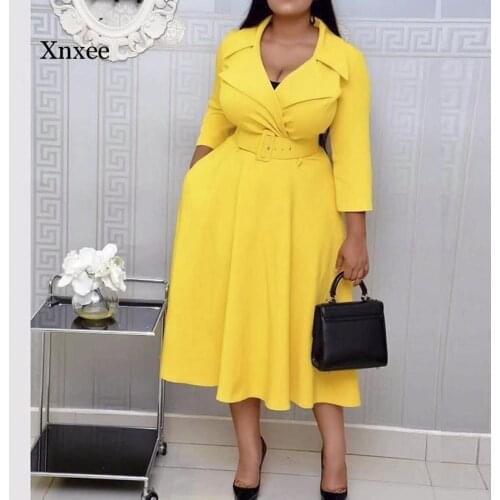 Office Ladies Work Wear Dress Deep V Neck Turn Down Collar High Waist Belted Fashion Women African Ladies Plus Size Dresses