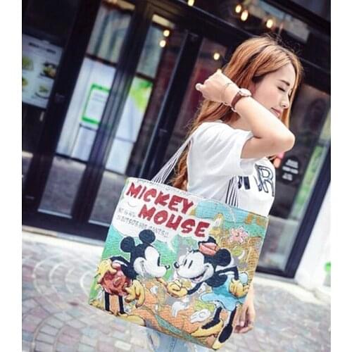 Anime Disney Cross Stitch Handbag Mickey Mouse Casual Bag Mickey Minnie Portable Canvas Bag Handcuffs Bag Woman School Bag