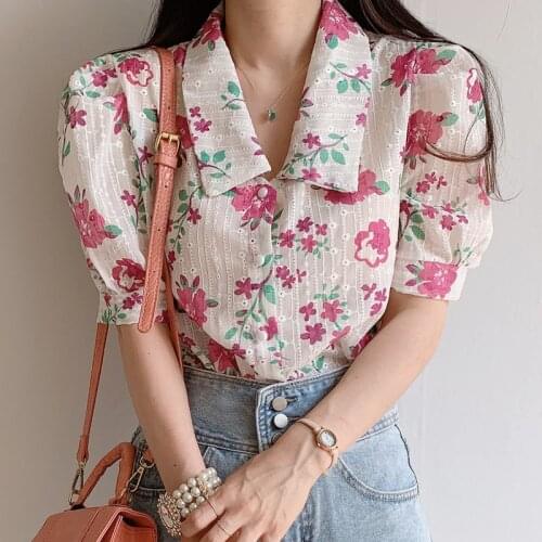 2021 Blusas Summer New Korean Floral Blouses Tops Lapel Short Sleeve Embroidered Shirt Button Up Shirt Harajuku Tops Mujer 13793