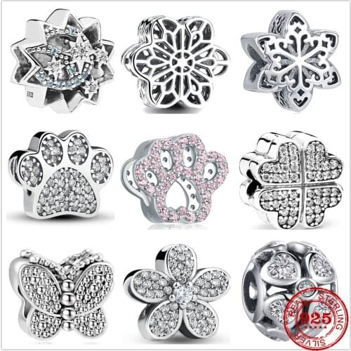 Genuine 925 Sterling Silver Paw Butterfly Flower Pattern Cross Openwork Beads Fit Original Pandora Bracelet Charm Jewelry Gift