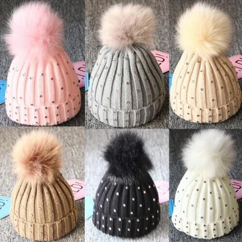 Baby Girl Boy Unisex Winter Warm Cotton Knitted Hats Infant Toddler Kids Children Casual Solid Crochet Rhinestones Beanie Caps