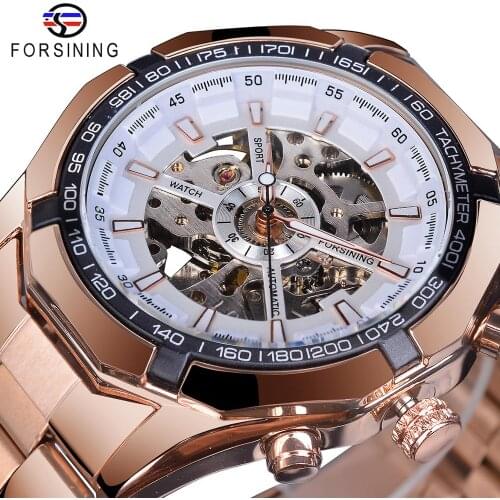 Forsining Luminous Hand Design White Color Mechanical Watch Rose Golden Stainless Steel Band Waterproof Automatic Male Clock