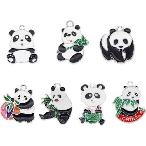 Julie Wang 4/7PCS Enamel Cute Panda Charms Alloy Mixed Styles White K Color Tone Pendants Bracelet Jewelry Making Accessory
